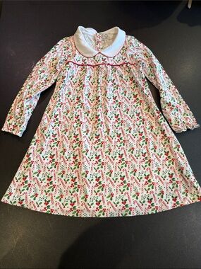 Girls White Holiday Candy Cane Print Long-Sleeve Pima Cotton Dress